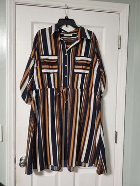 NY Collection Womens Orange Striped Roll Tab Shirt Dress 2x